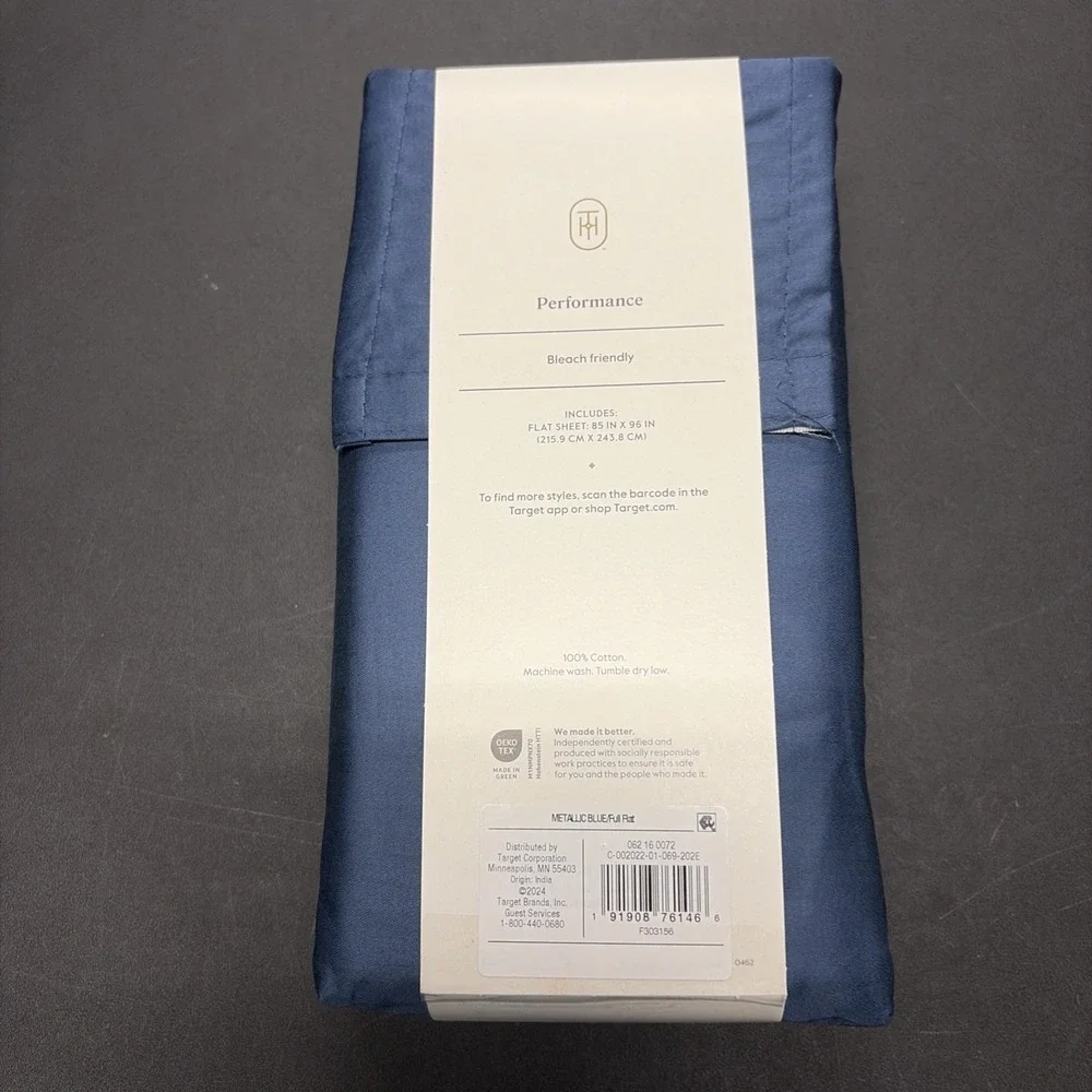 Full 400 Thread Count Performance Flat Sheet Metallic Blue Threshold Cotton 0649
